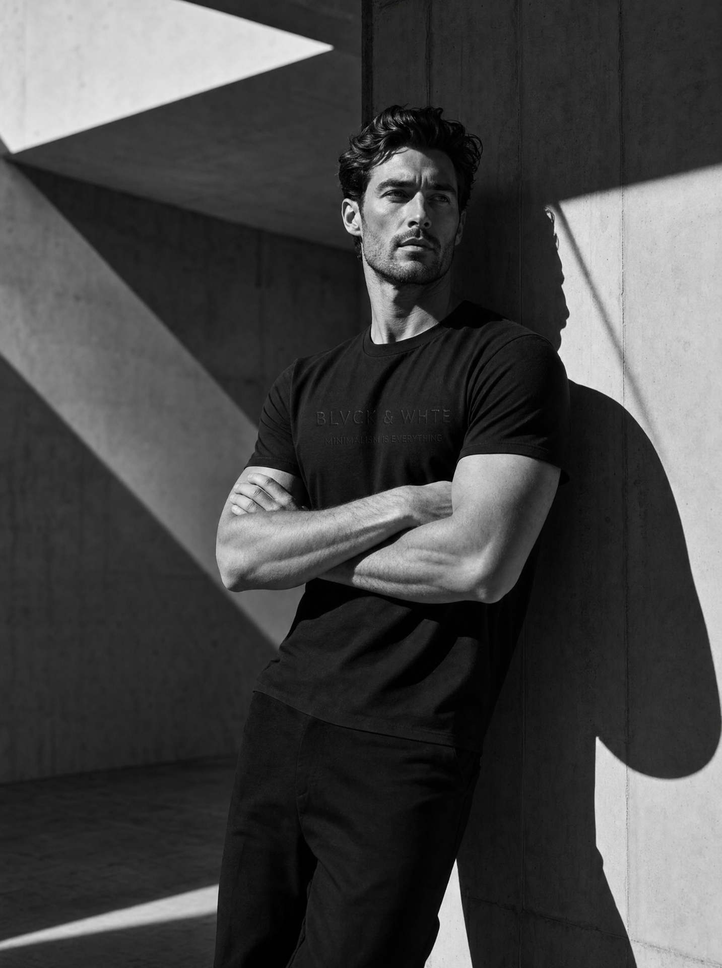 Homem vestindo camiseta preta BLVCK & WHTE