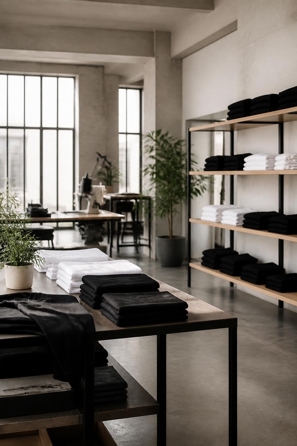 Ateliê BLVCK & WHTE com camisetas pretas e brancas organizadas em prateleiras de madeira